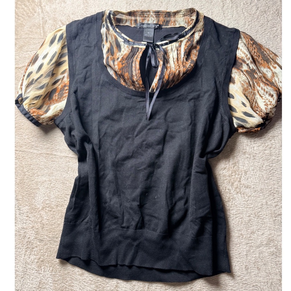 August Silk Womens XL Black Leopard Print Layered Look Short Sleeve‎ Sweater Top